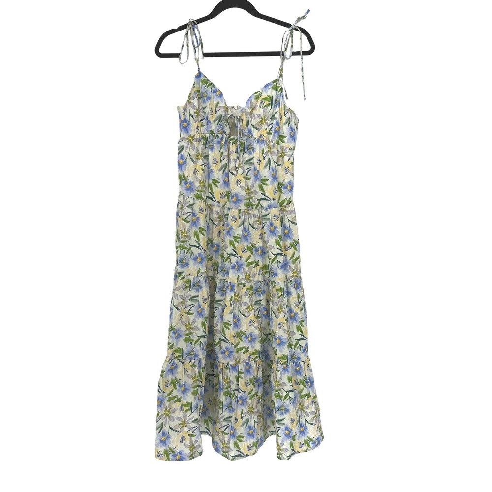 ASTR the Label Cream Blue Floral Tie Strap Tiered Maxi Dress Small NWT - Picture 3 of 12